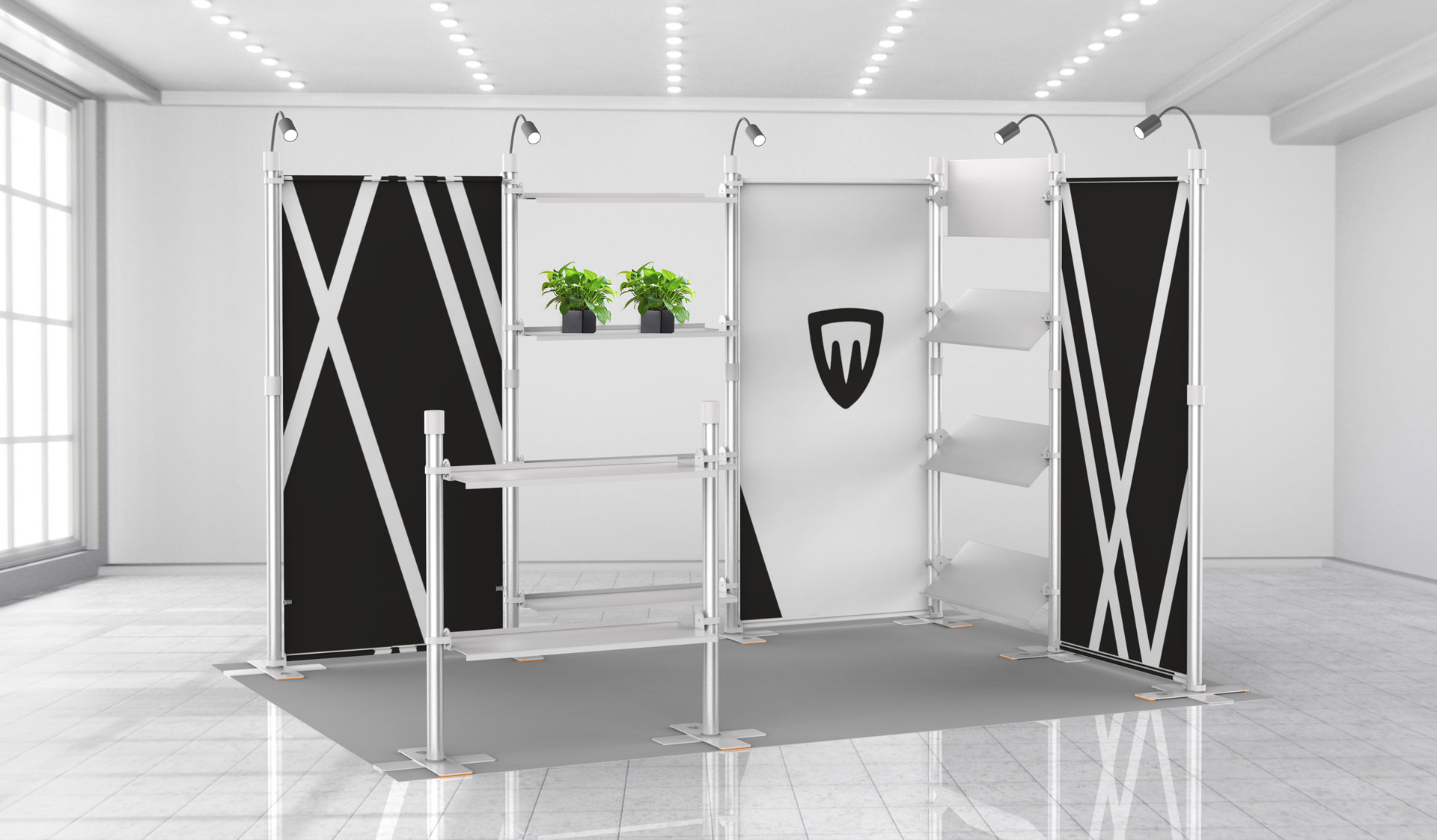 stand d'exposition avec étagères et niches d'exposition