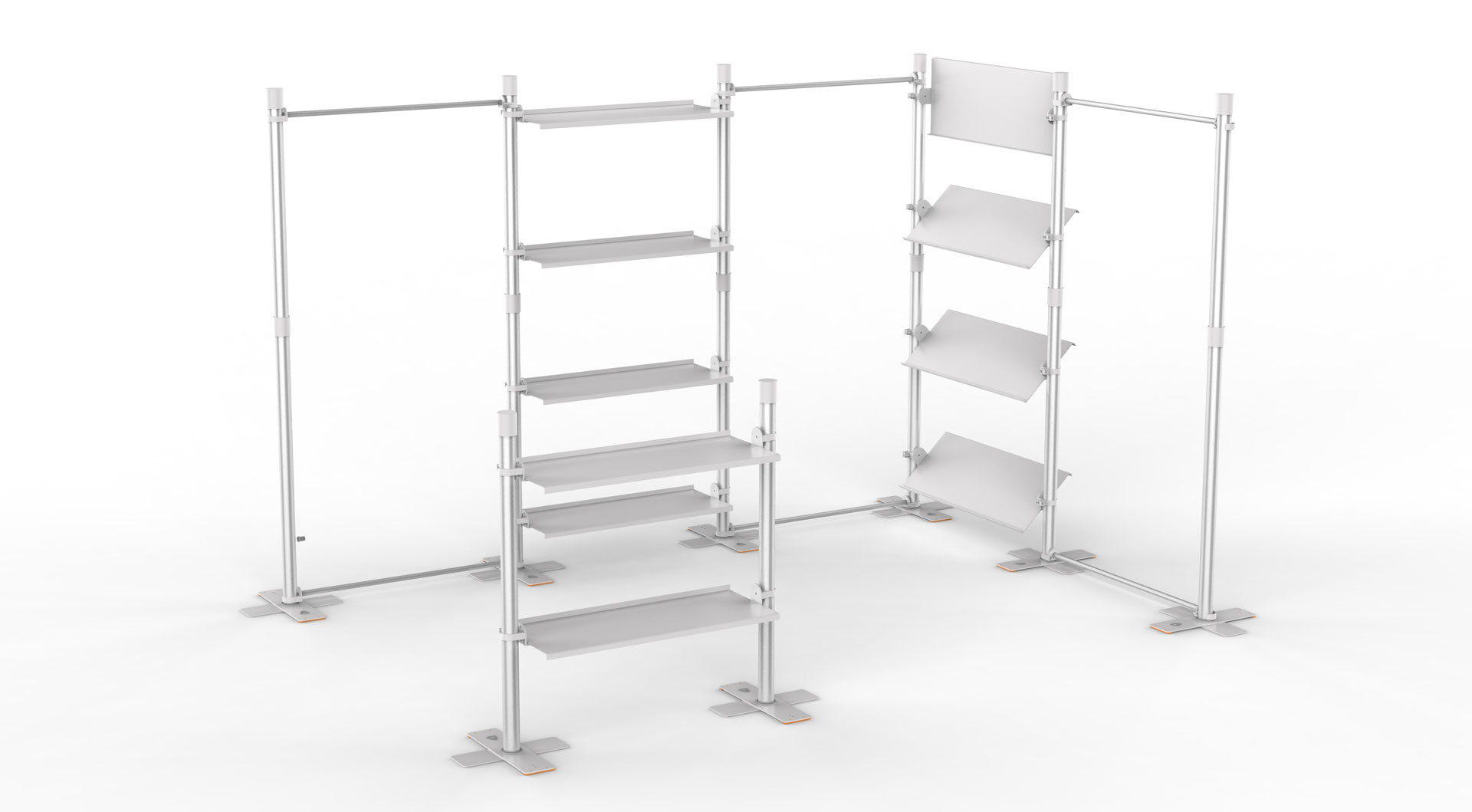 stand d'exposition avec étagères et niches d'exposition